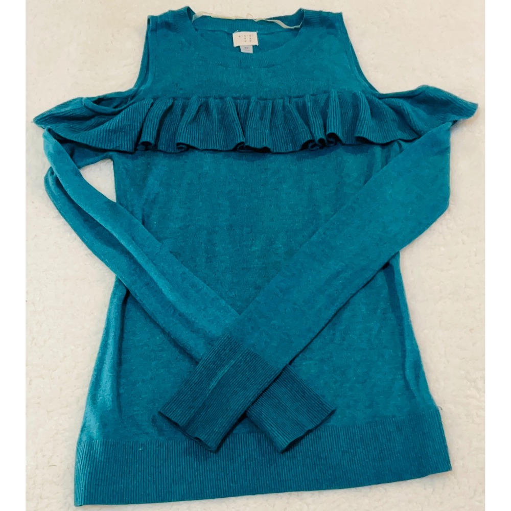 A New Day Teal Blue Cold Shoulder Ruffle Sweater Long Sleeve XS